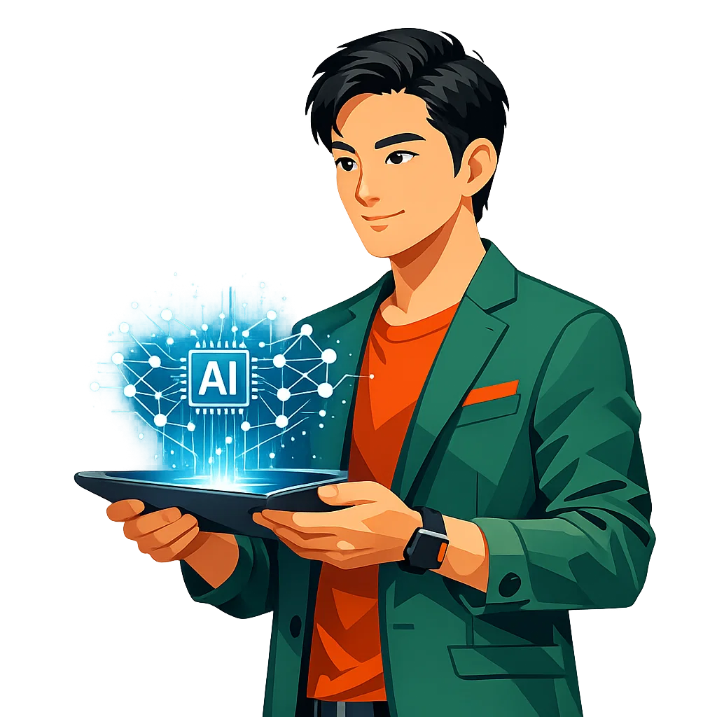 رجل كوري يعرض واجهة ذكاء اصطناعي على جهاز لوحي بخلفية شفافة
