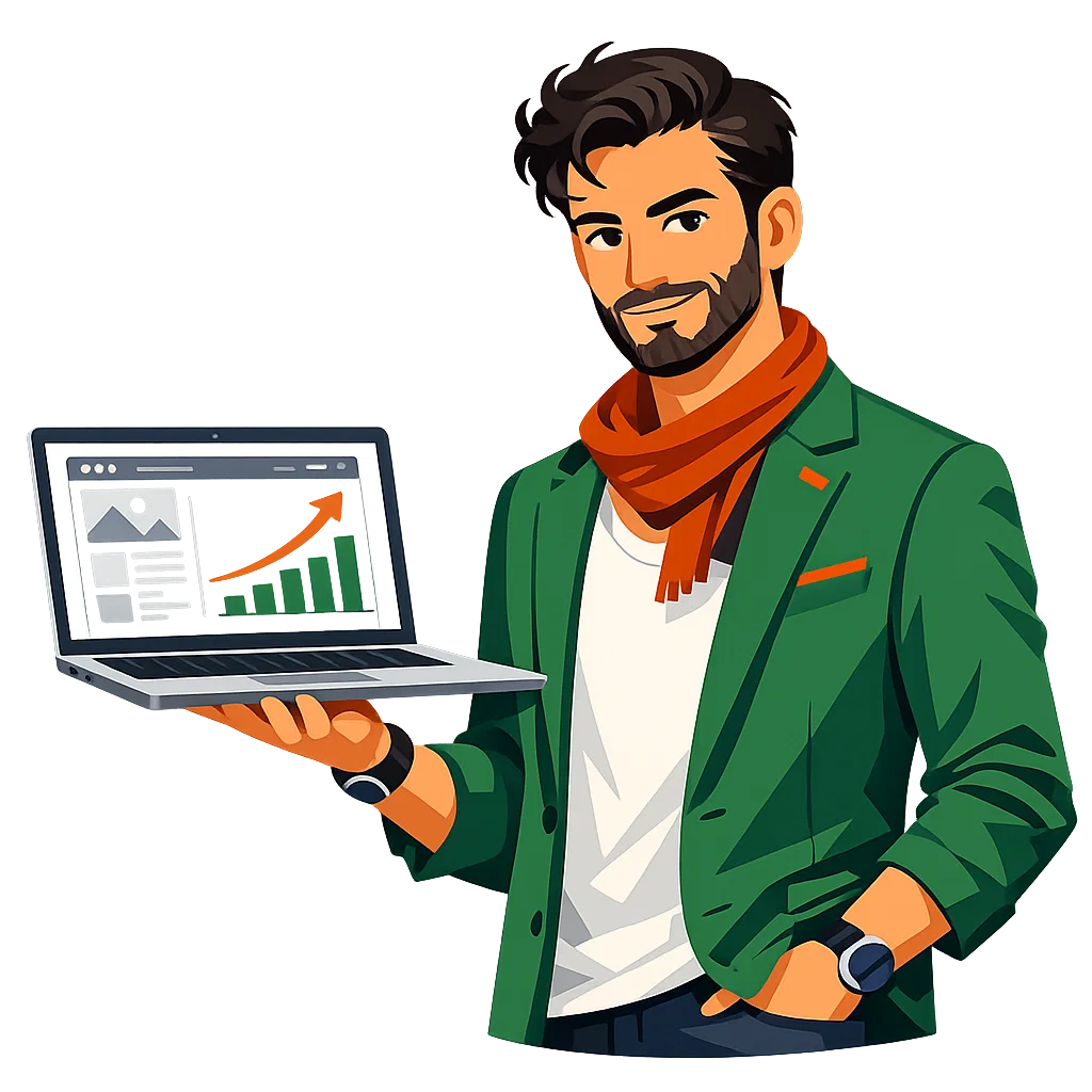 مصمم فرنسي يعرض واجهة موقع مع رسم بياني صاعد بخلفية شفافة