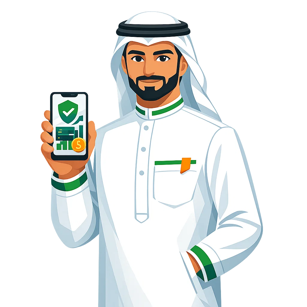 رجل خليجي بزي رسمي يعبر عن حلول الدفع والخدمات الرقمية بخلفية شفافة