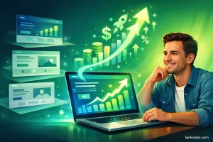 رجل سعيد بنتائج صفحة الهبوط مع سهم صاعد يوضح زيادة المبيعات والأرباح