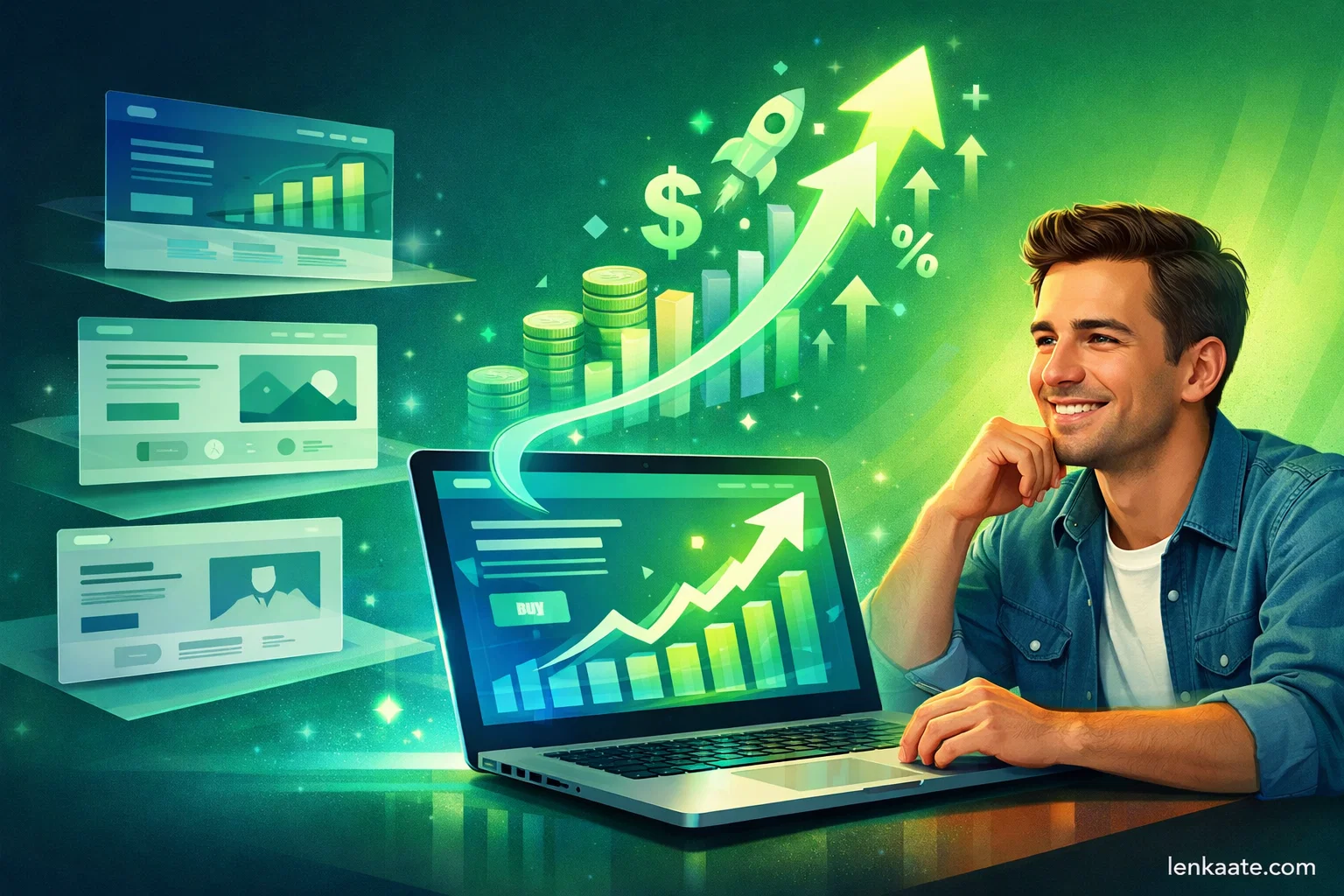 رجل سعيد بنتائج صفحة الهبوط مع سهم صاعد يوضح زيادة المبيعات والأرباح