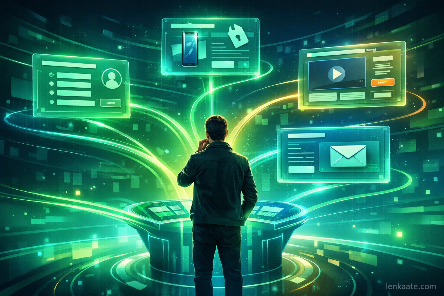 شخص يختار بين أنواع مختلفة من صفحات الهبوط مع تفرعات تصميمية توضح الاستخدامات المختلفة