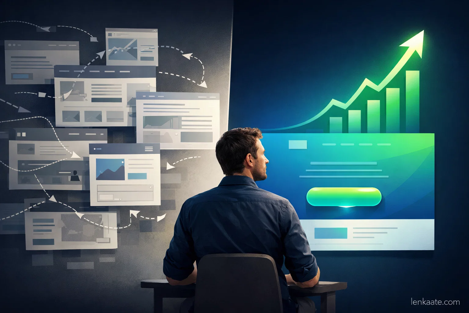 مقارنة بين صفحة هبوط وموقع إلكتروني توضح الفرق في التحويل والتركيز