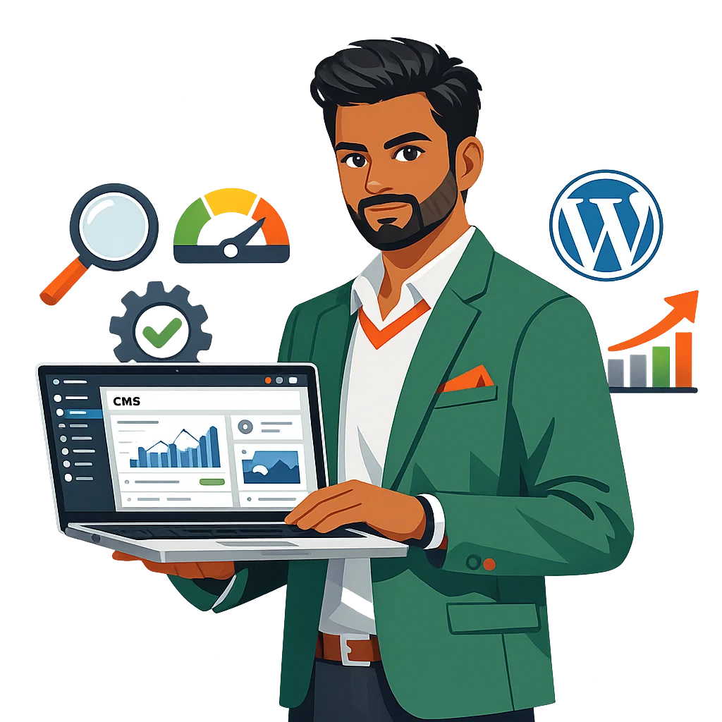 مطور هندي يعرض لوحة تحكم إدارة مواقع بخلفية شفافة