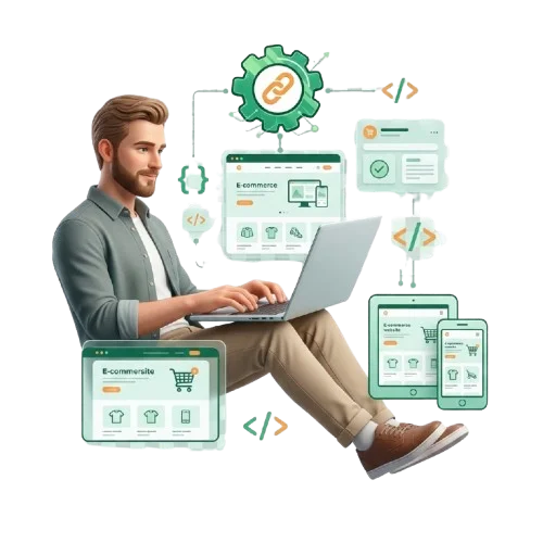 رجل مطور ويب يعمل على تصميم وتطوير موقع إلكتروني باستخدام واجهة برمجة حديثة