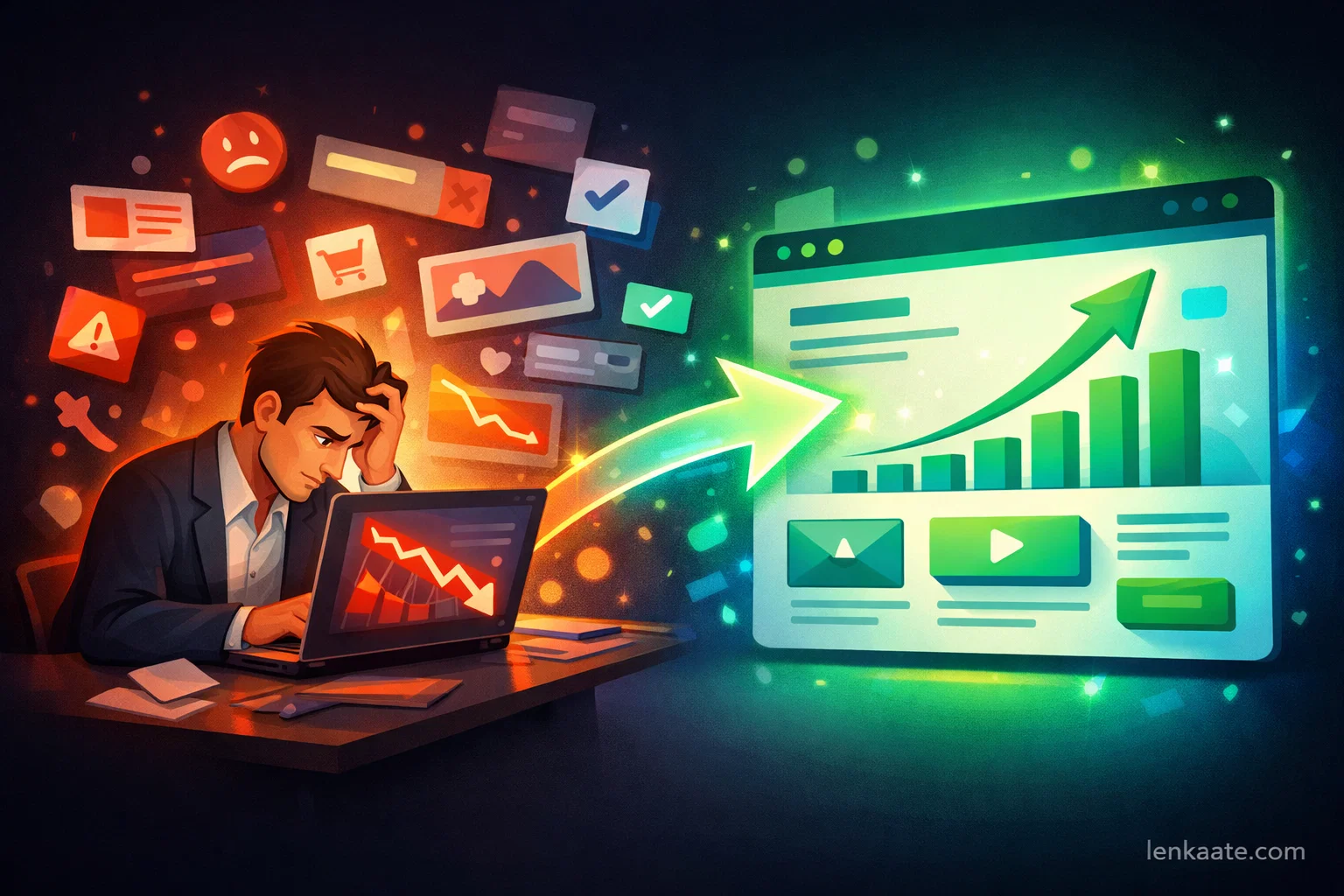 رجل ينظر إلى صفحة هبوط ضعيفة الأداء قبل تحسينها وزيادة التحويل