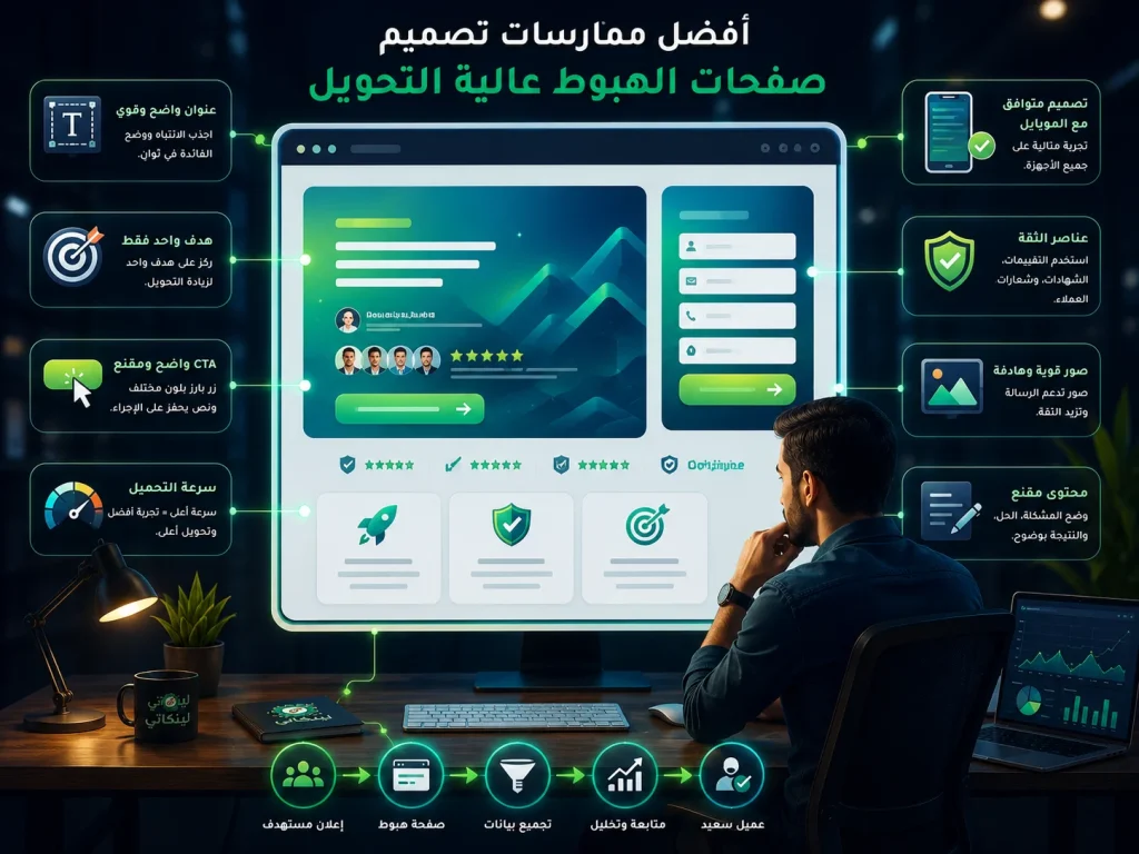 تصميم يوضح أفضل ممارسات صفحات الهبوط عالية التحويل مع CTA وتجربة المستخدم وعناصر الثقة